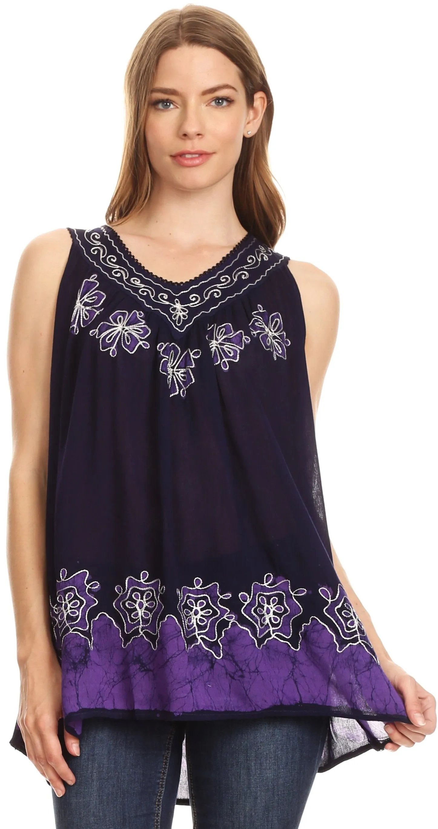 Sakkas Batik Embroidered V-Neck Sleeveless Blouse