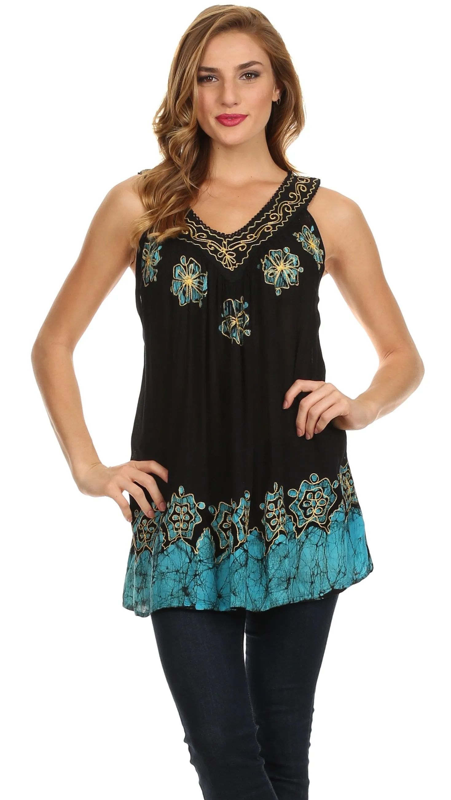 Sakkas Batik Embroidered V-Neck Sleeveless Blouse