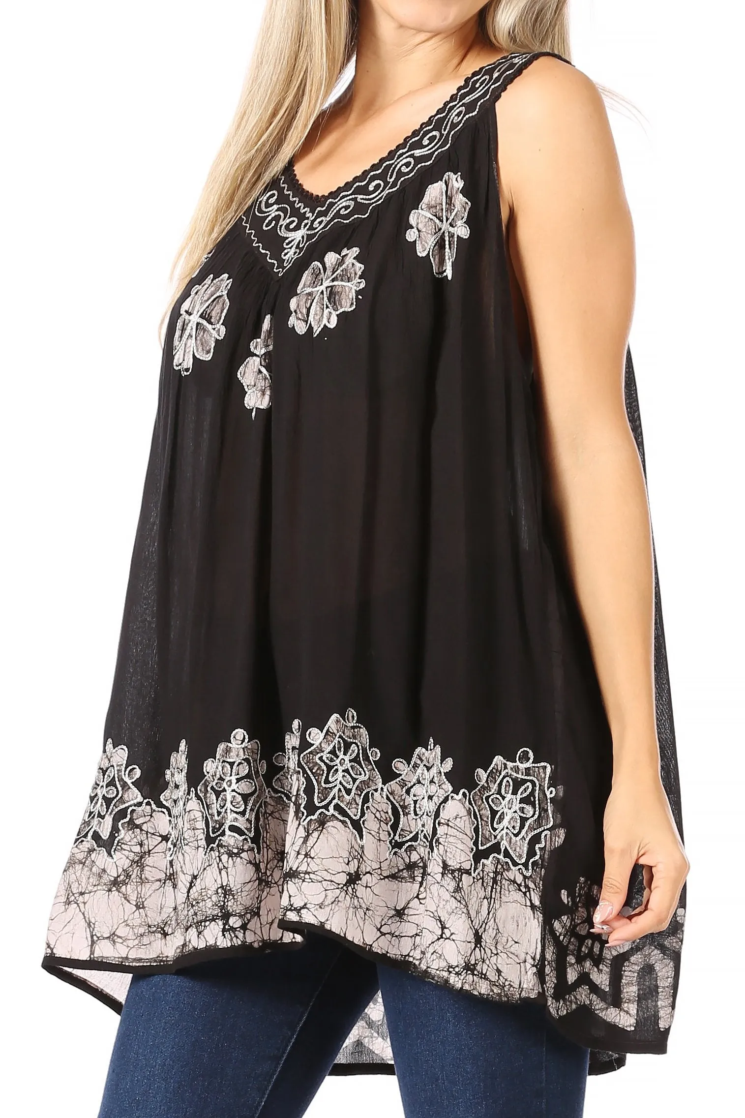 Sakkas Batik Embroidered V-Neck Sleeveless Blouse