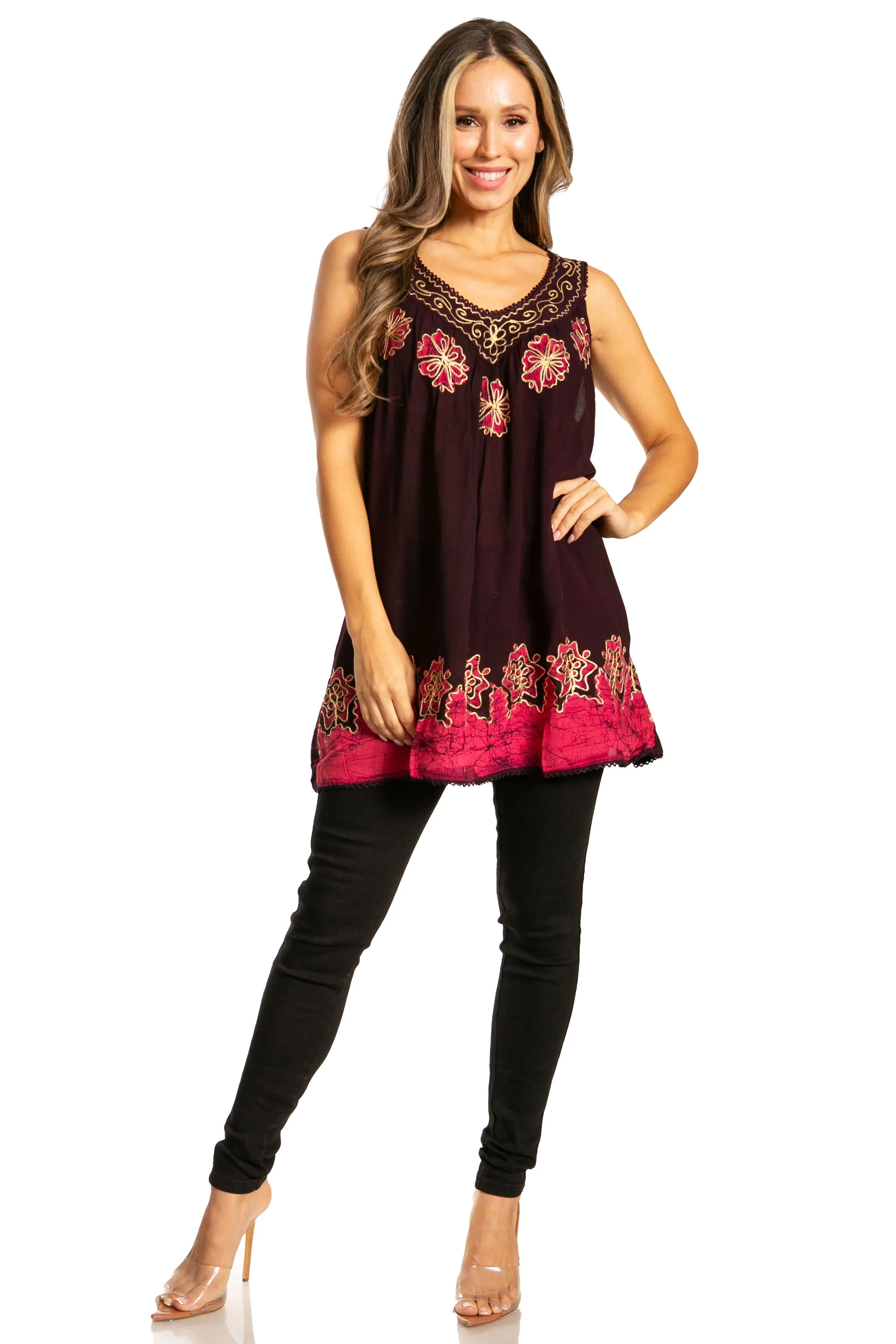 Sakkas Batik Embroidered V-Neck Sleeveless Blouse