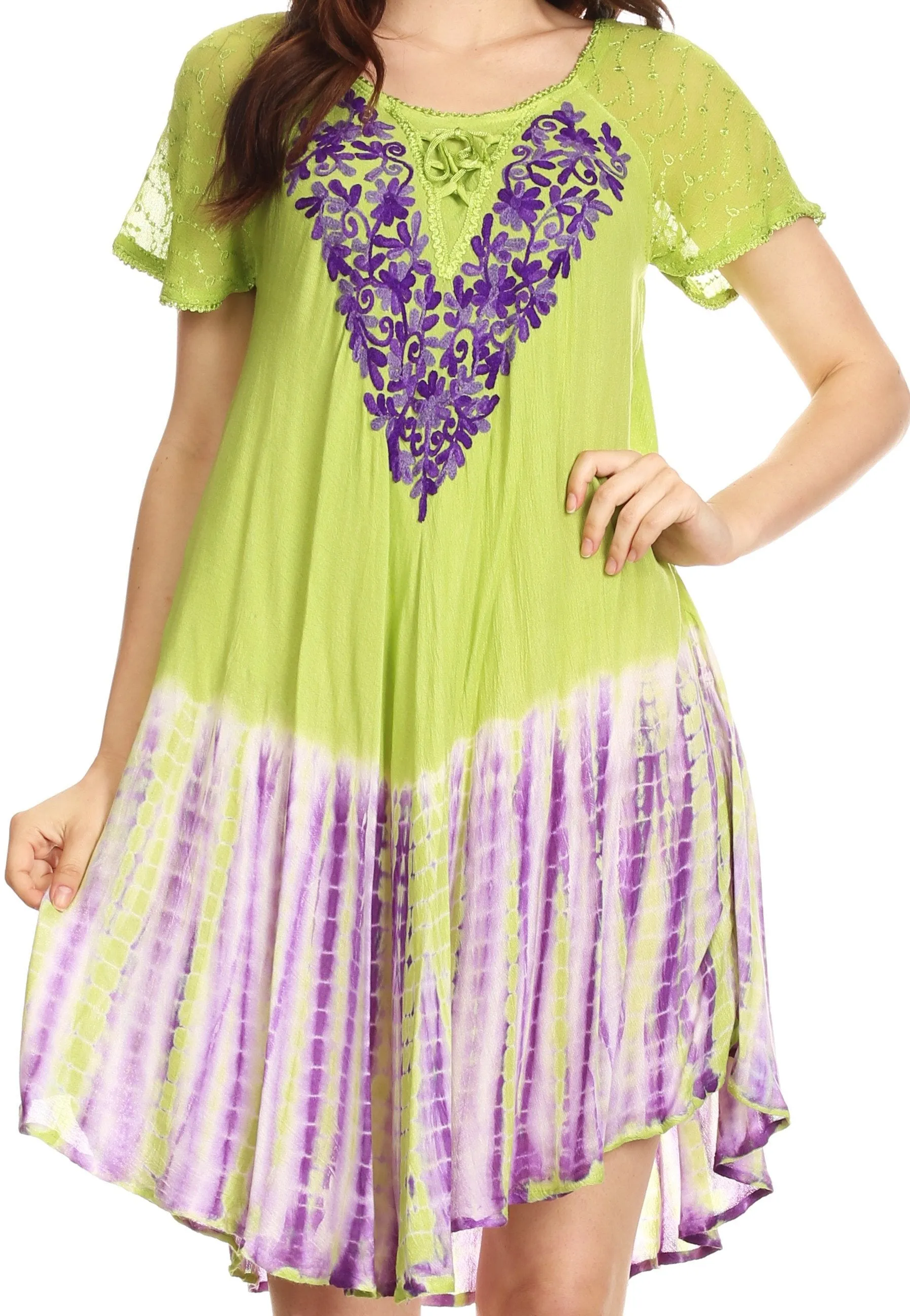 Sakkas Francea Mid Length Caftan Embroidered Cap Sleeves Dress / Cover Up