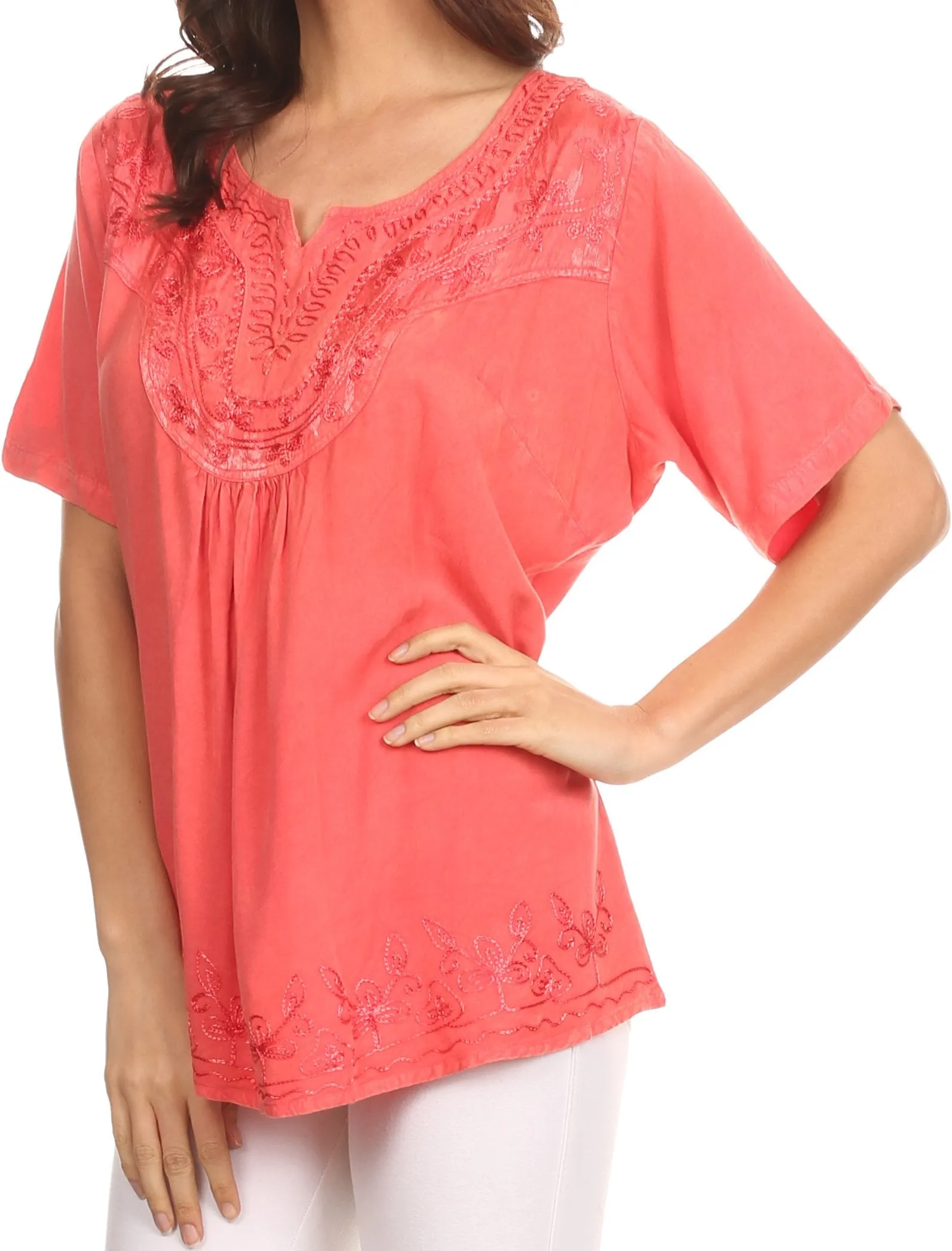 Sakkas Isabeli Leaf Embroidered Blouse Top Shirt With Cap Sleeves And Wide Neck