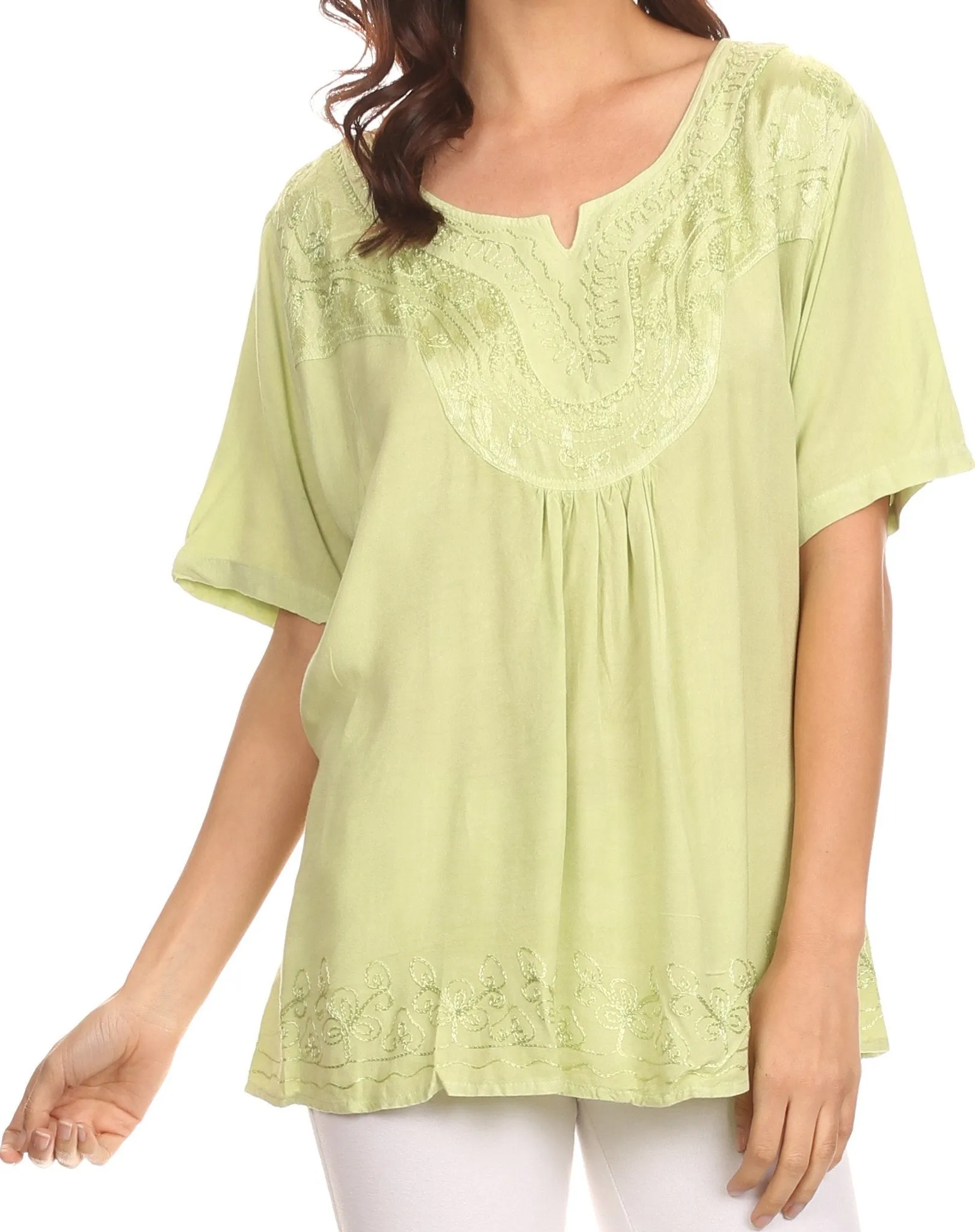 Sakkas Isabeli Leaf Embroidered Blouse Top Shirt With Cap Sleeves And Wide Neck