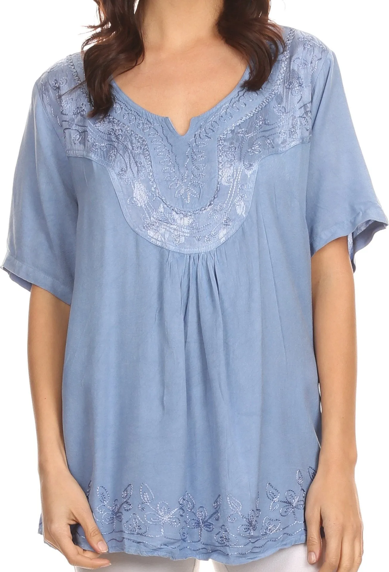 Sakkas Isabeli Leaf Embroidered Blouse Top Shirt With Cap Sleeves And Wide Neck