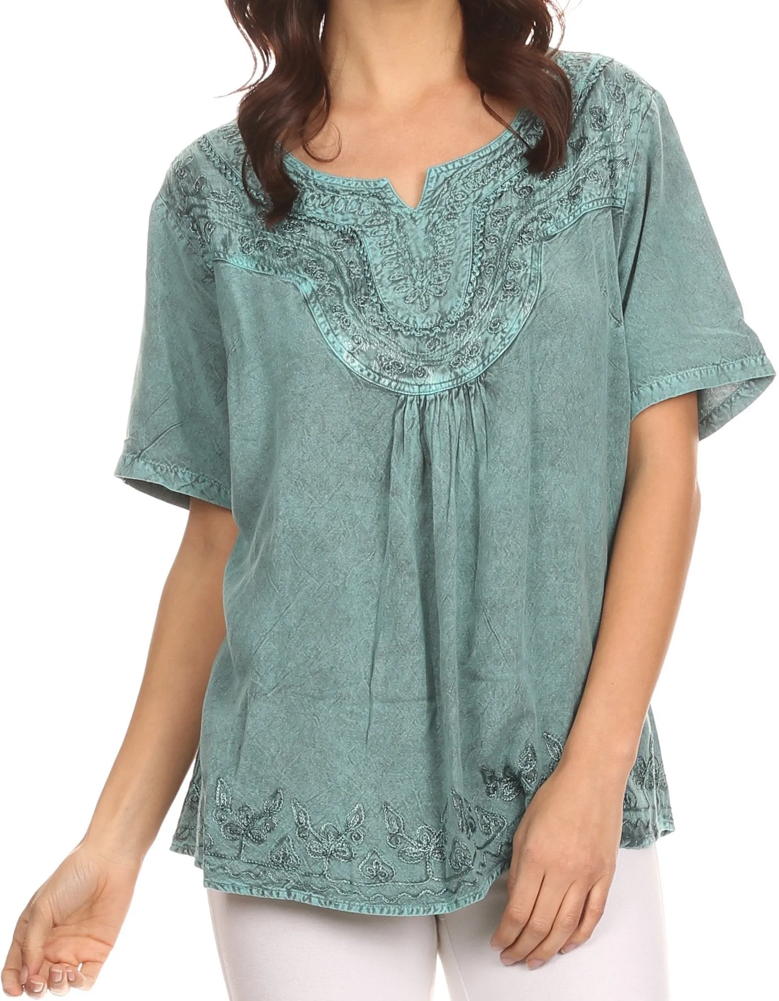 Sakkas Isabeli Leaf Embroidered Blouse Top Shirt With Cap Sleeves And Wide Neck