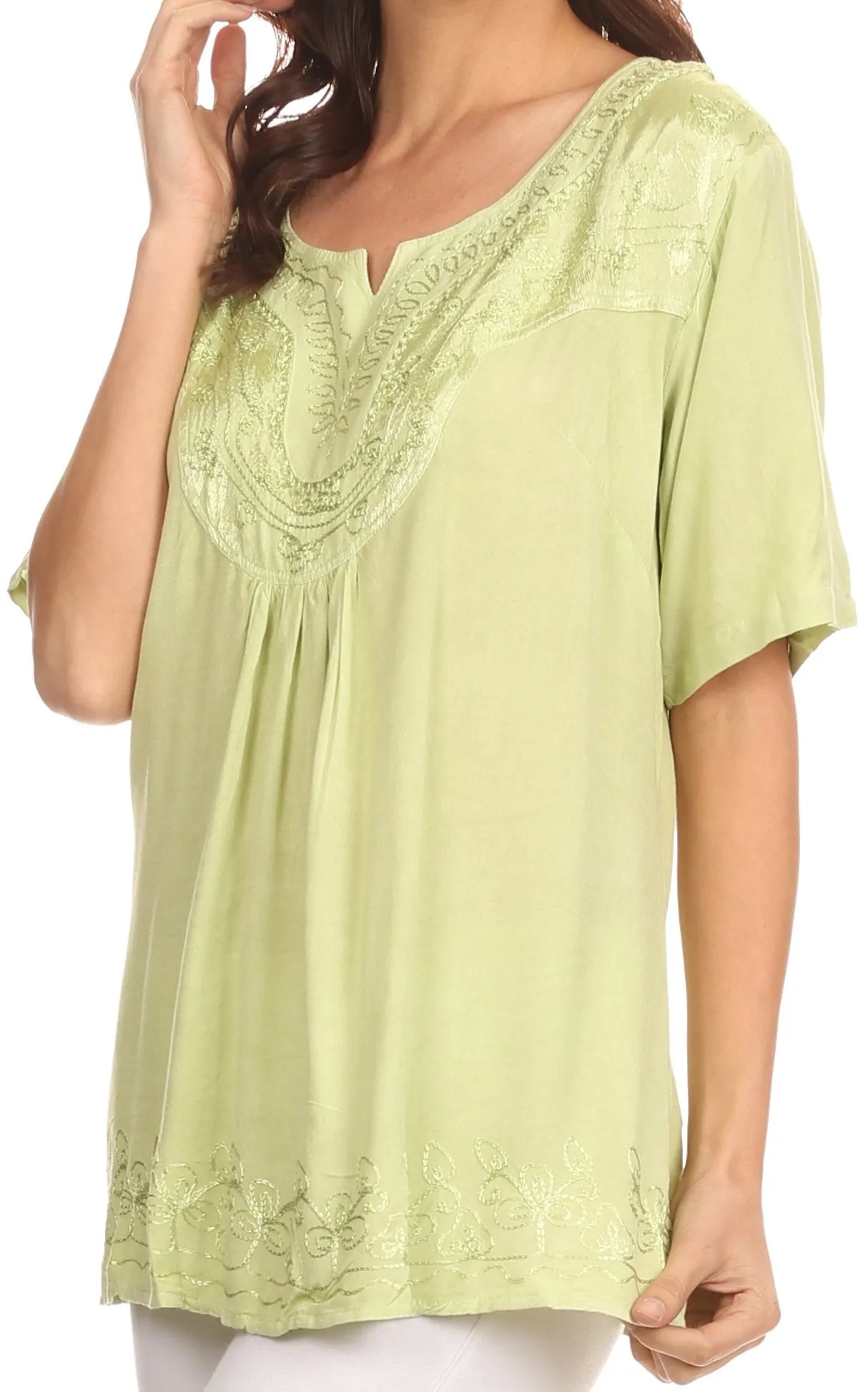 Sakkas Isabeli Leaf Embroidered Blouse Top Shirt With Cap Sleeves And Wide Neck