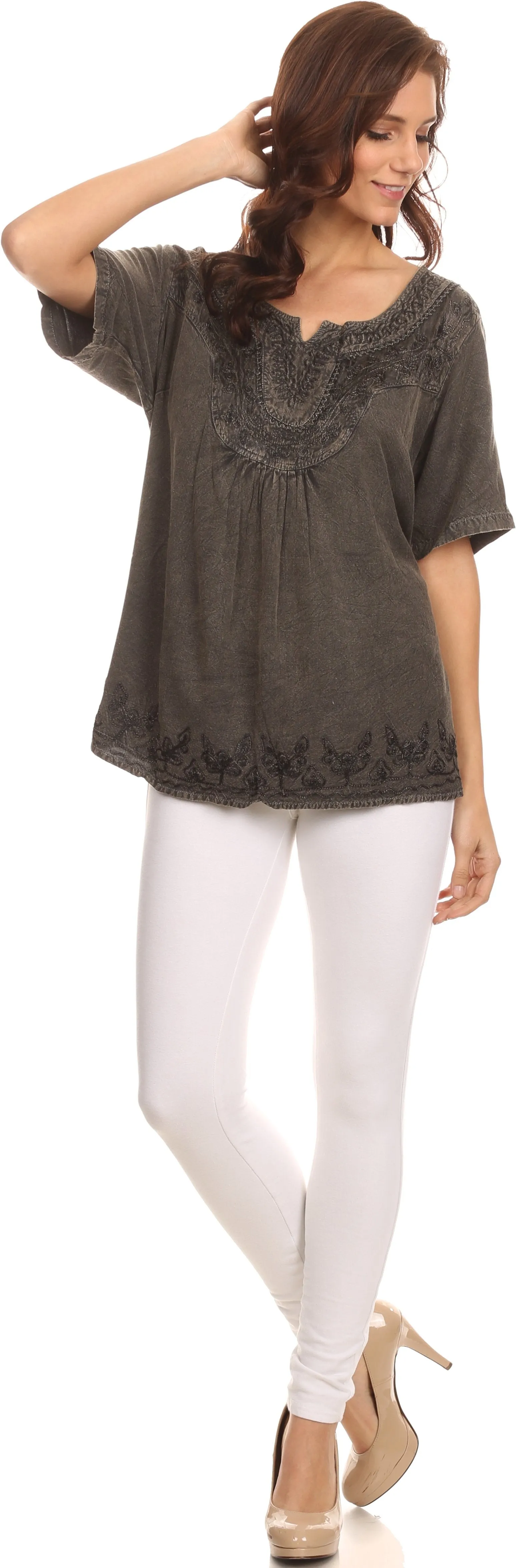 Sakkas Isabeli Leaf Embroidered Blouse Top Shirt With Cap Sleeves And Wide Neck