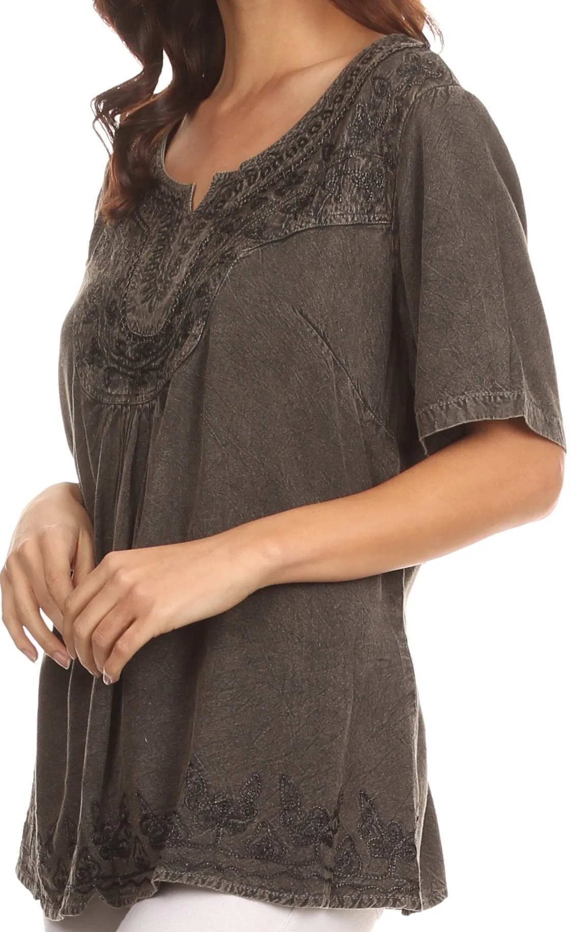 Sakkas Isabeli Leaf Embroidered Blouse Top Shirt With Cap Sleeves And Wide Neck