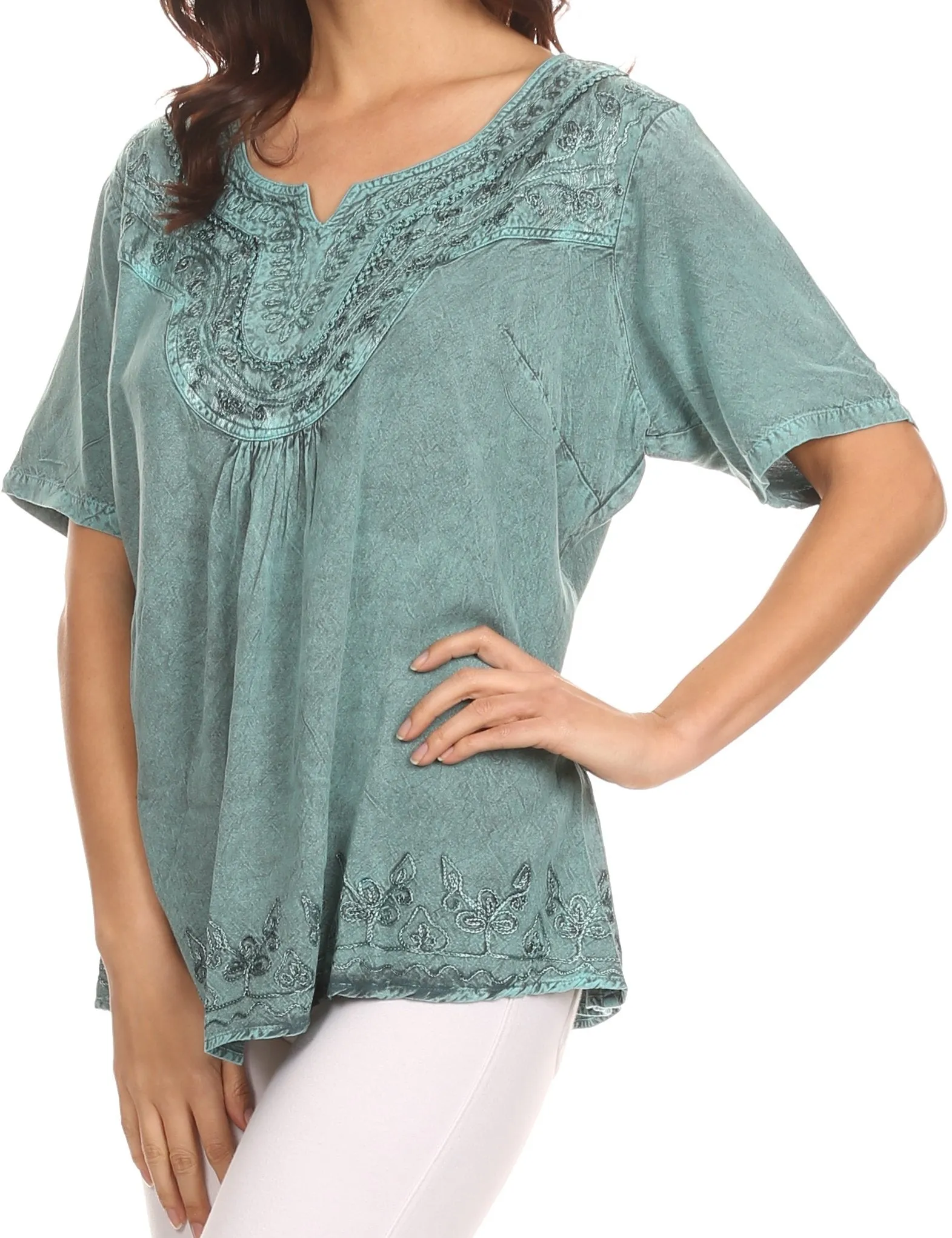 Sakkas Isabeli Leaf Embroidered Blouse Top Shirt With Cap Sleeves And Wide Neck