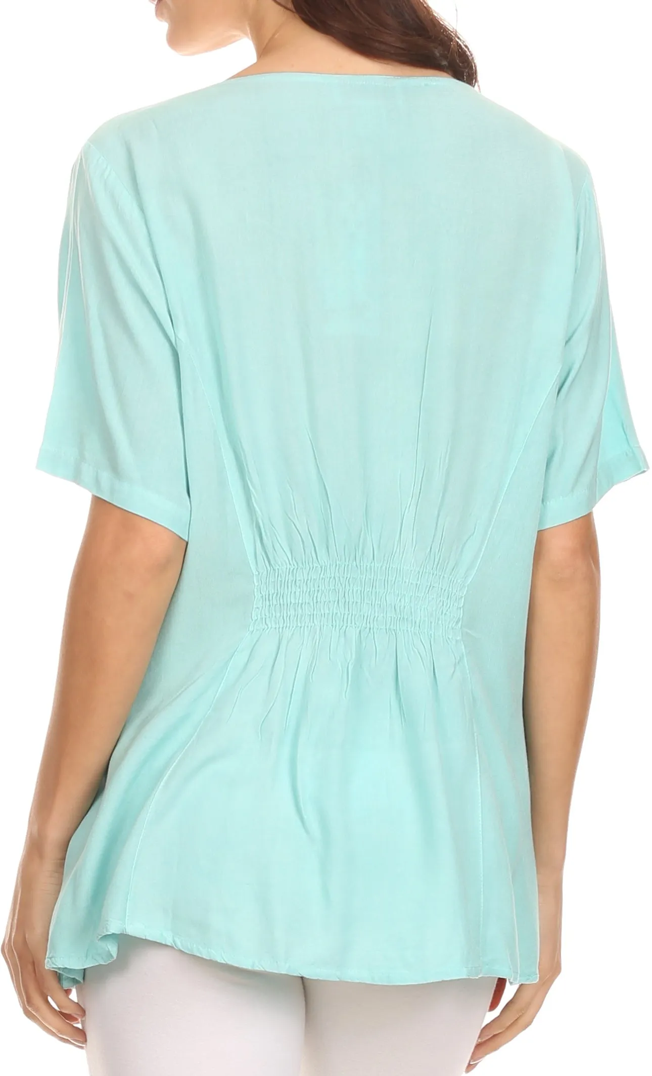 Sakkas Isabeli Leaf Embroidered Blouse Top Shirt With Cap Sleeves And Wide Neck