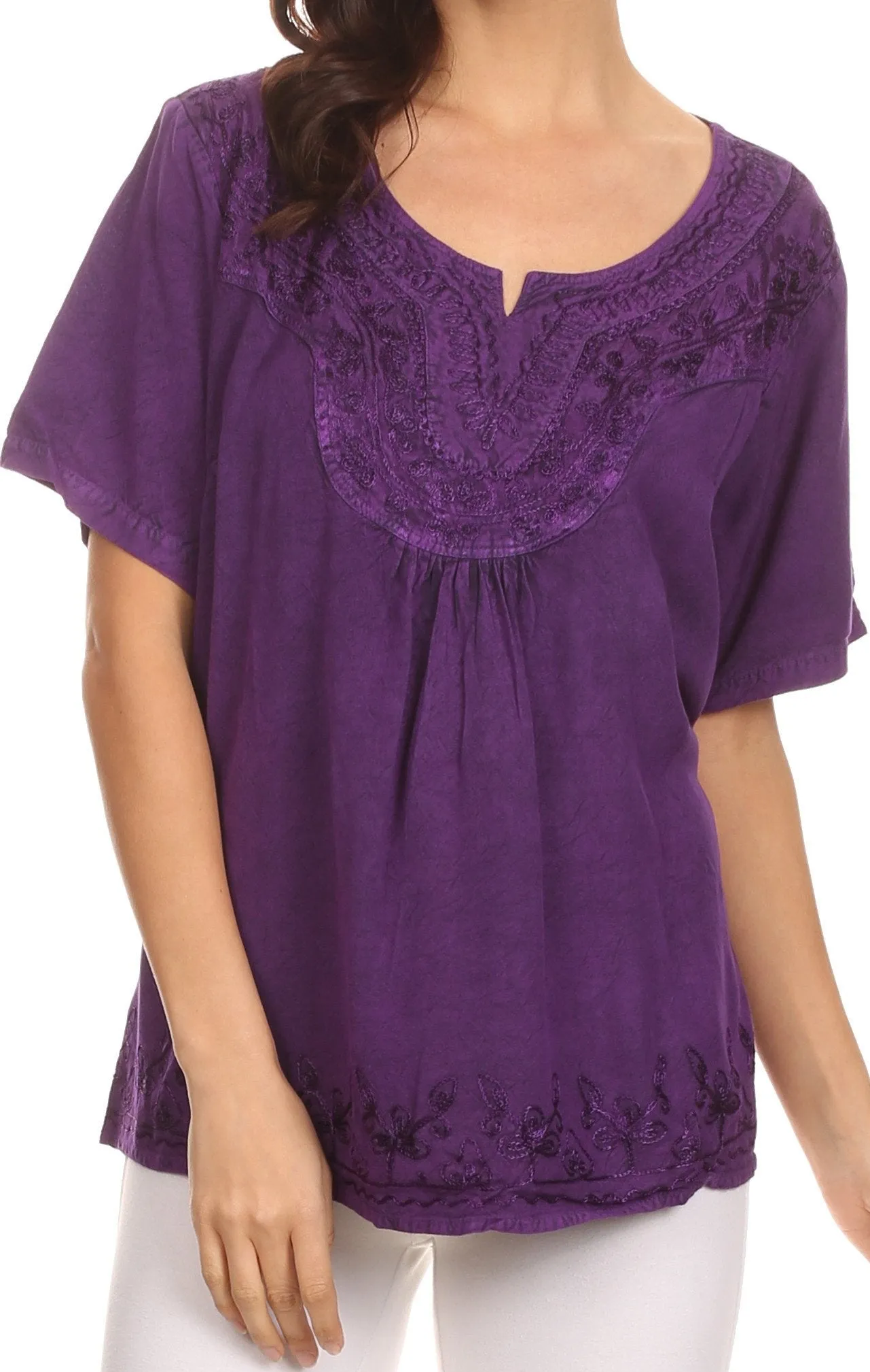 Sakkas Isabeli Leaf Embroidered Blouse Top Shirt With Cap Sleeves And Wide Neck