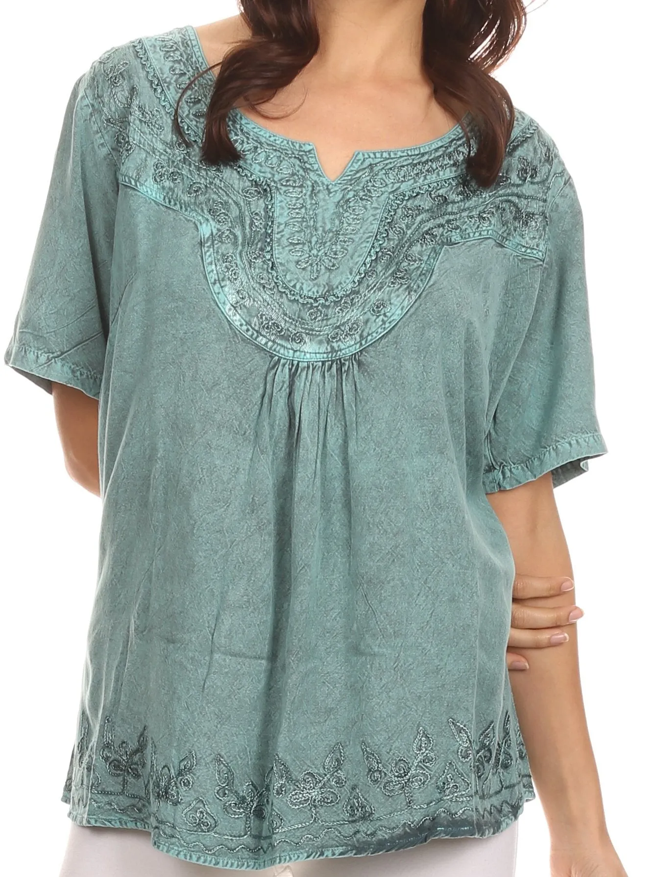 Sakkas Isabeli Leaf Embroidered Blouse Top Shirt With Cap Sleeves And Wide Neck