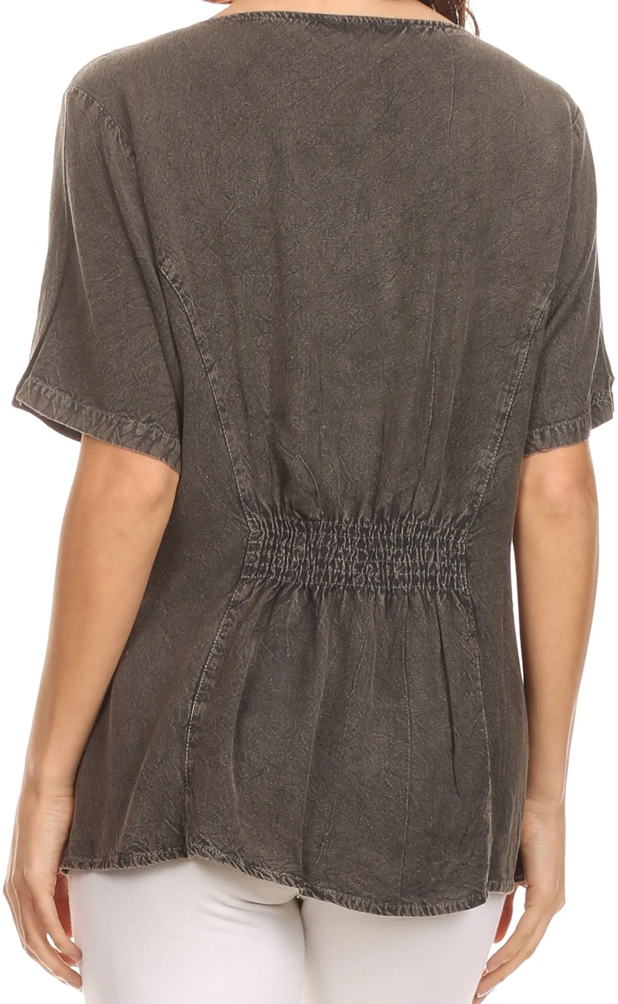 Sakkas Isabeli Leaf Embroidered Blouse Top Shirt With Cap Sleeves And Wide Neck