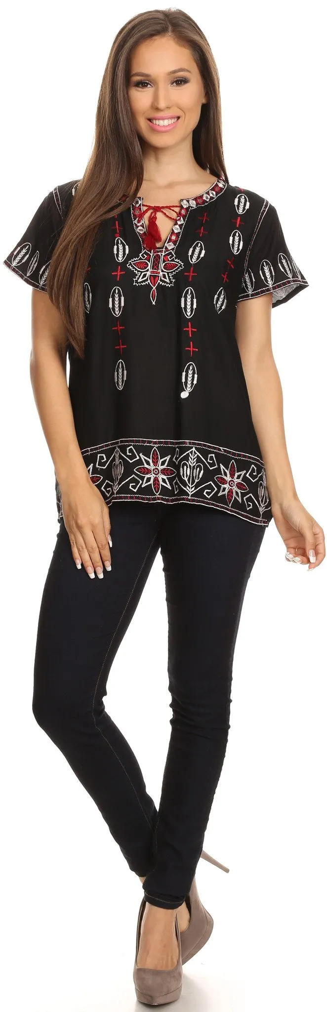 Sakkas Jile Wide Boxy Embroidered Short Sleeve Tassel Tie Top Shirt Tunic Blouse