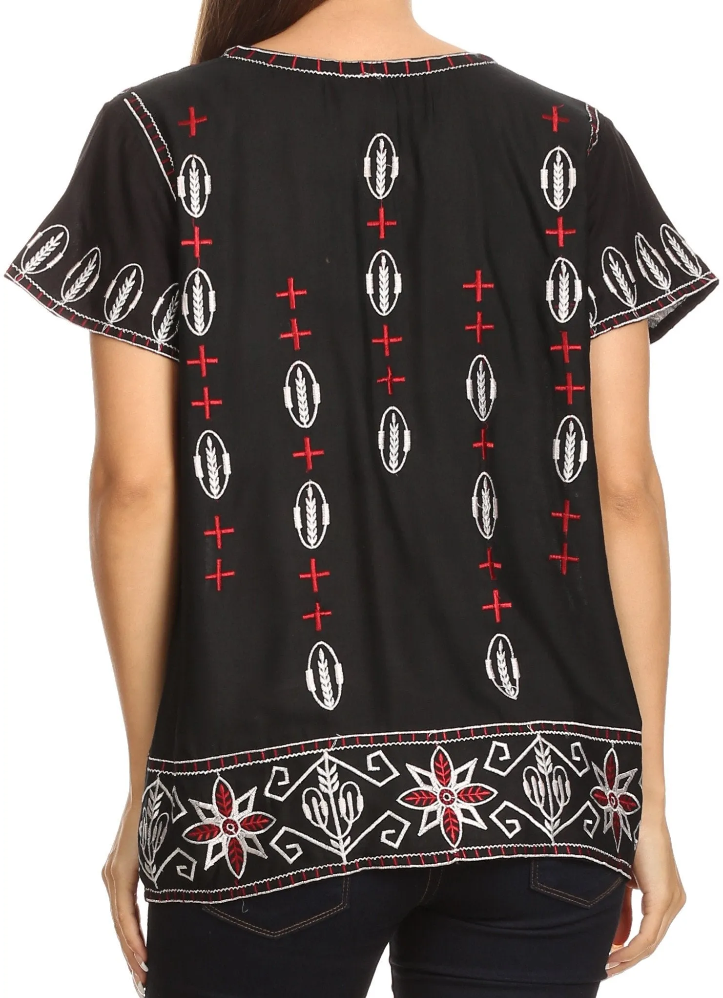 Sakkas Jile Wide Boxy Embroidered Short Sleeve Tassel Tie Top Shirt Tunic Blouse