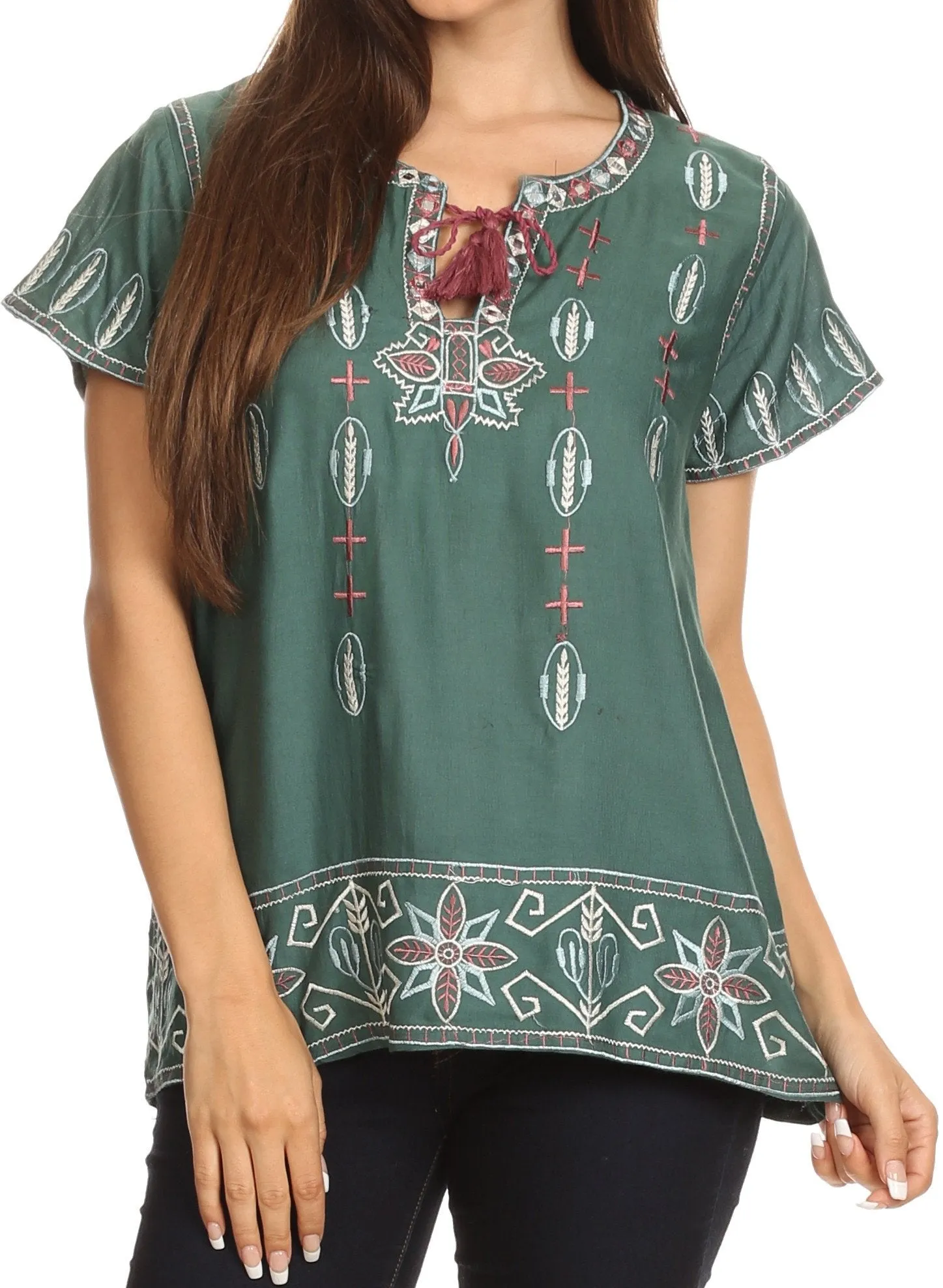 Sakkas Jile Wide Boxy Embroidered Short Sleeve Tassel Tie Top Shirt Tunic Blouse