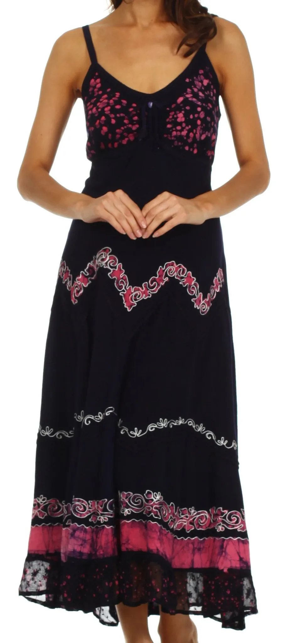 Sakkas Luna Batik Embroidered Adjustable Spaghetti Strap Dress