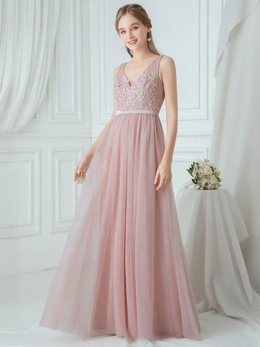 V-Neck Maxi Long Embroidery Appliqued Tulle Bridesmaid Dress