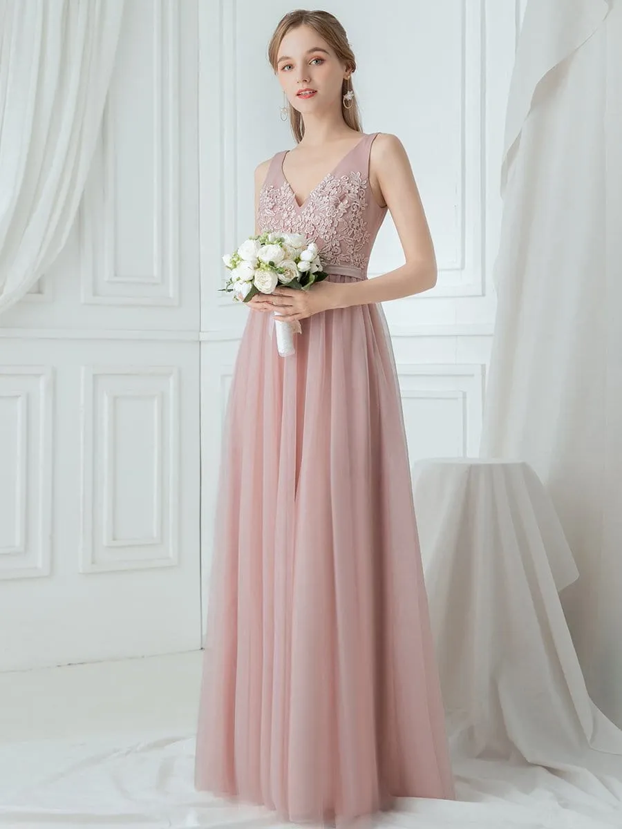 V-Neck Maxi Long Embroidery Appliqued Tulle Bridesmaid Dress