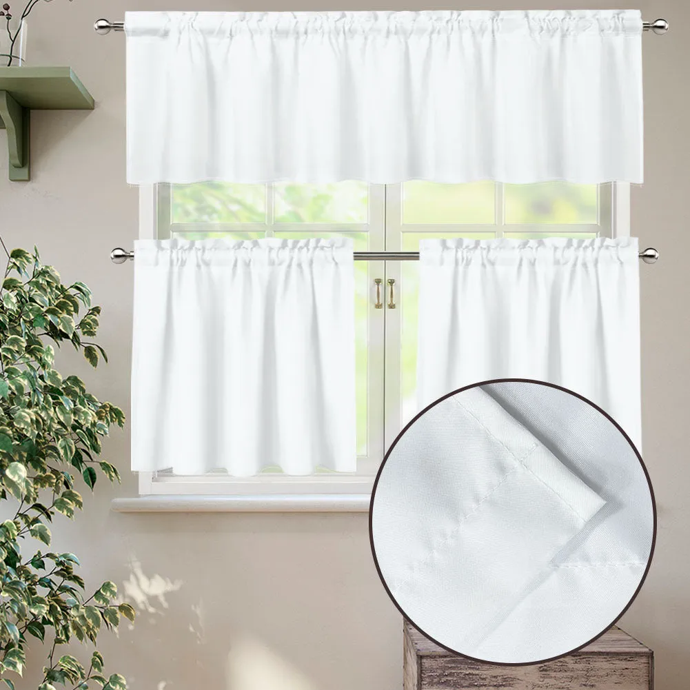 White Floral Kitchen Curtain Valance and Tiers Set