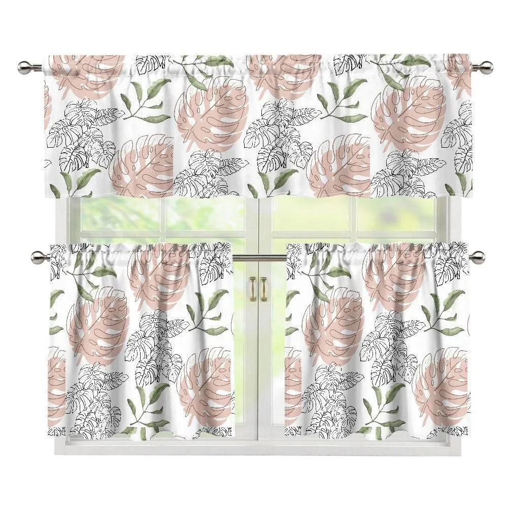 White Floral Kitchen Curtain Valance and Tiers Set