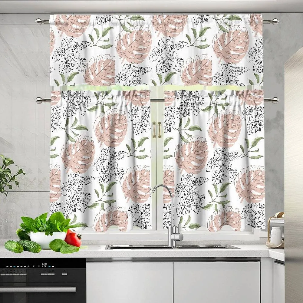 White Floral Kitchen Curtain Valance and Tiers Set