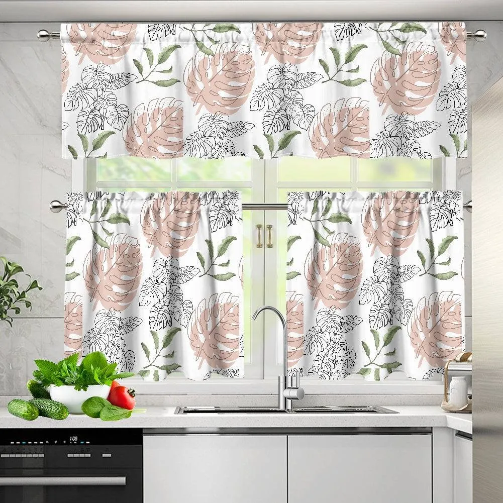 White Floral Kitchen Curtain Valance and Tiers Set